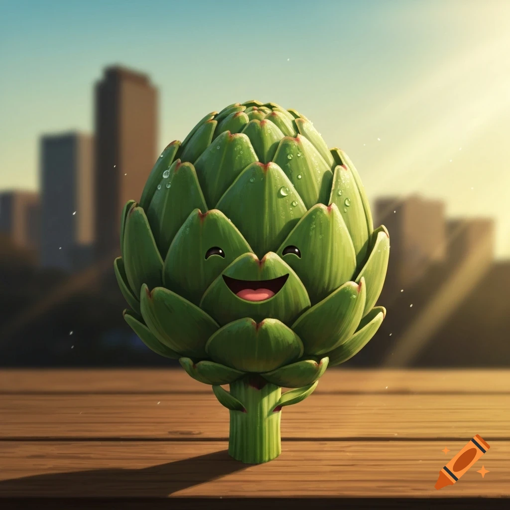 A cute, smiling cartoon artichoke with water droplets on a wooden surface, with a blurred city skyline at sunrise.