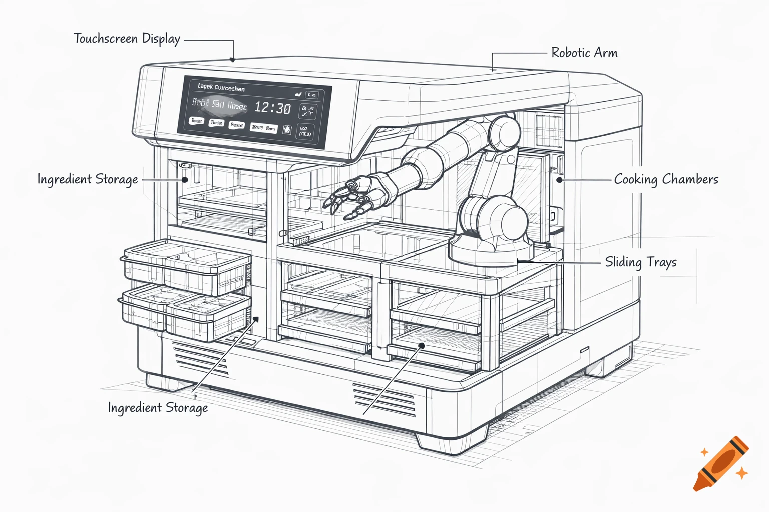 Line art sketch of a smart cooker with a digital screen, robotic arm, multiple cooking chambers, and sliding trays.