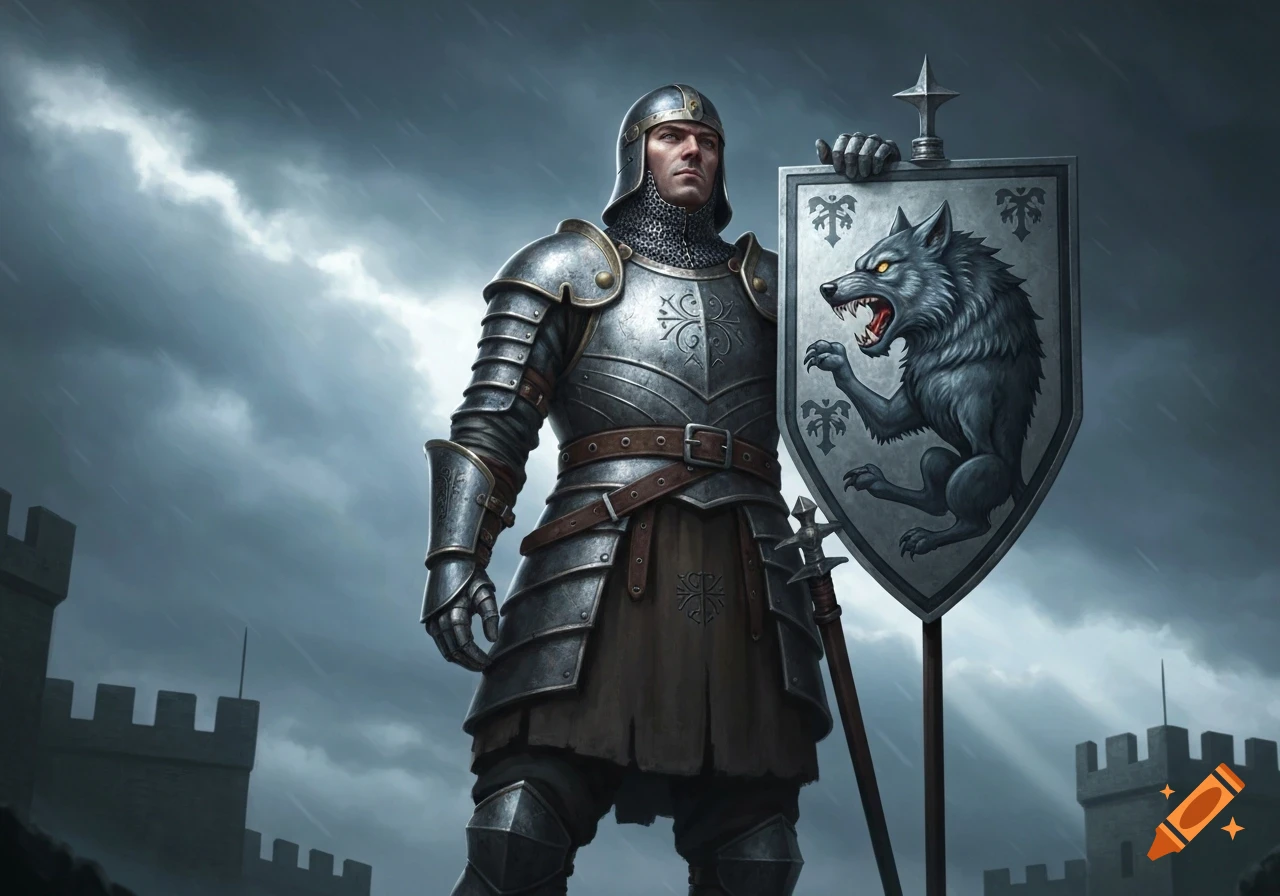 A knight in detailed silver armor stands against a stormy sky, holding a shield with a fierce grey wolf emblem, with castle walls in the background.