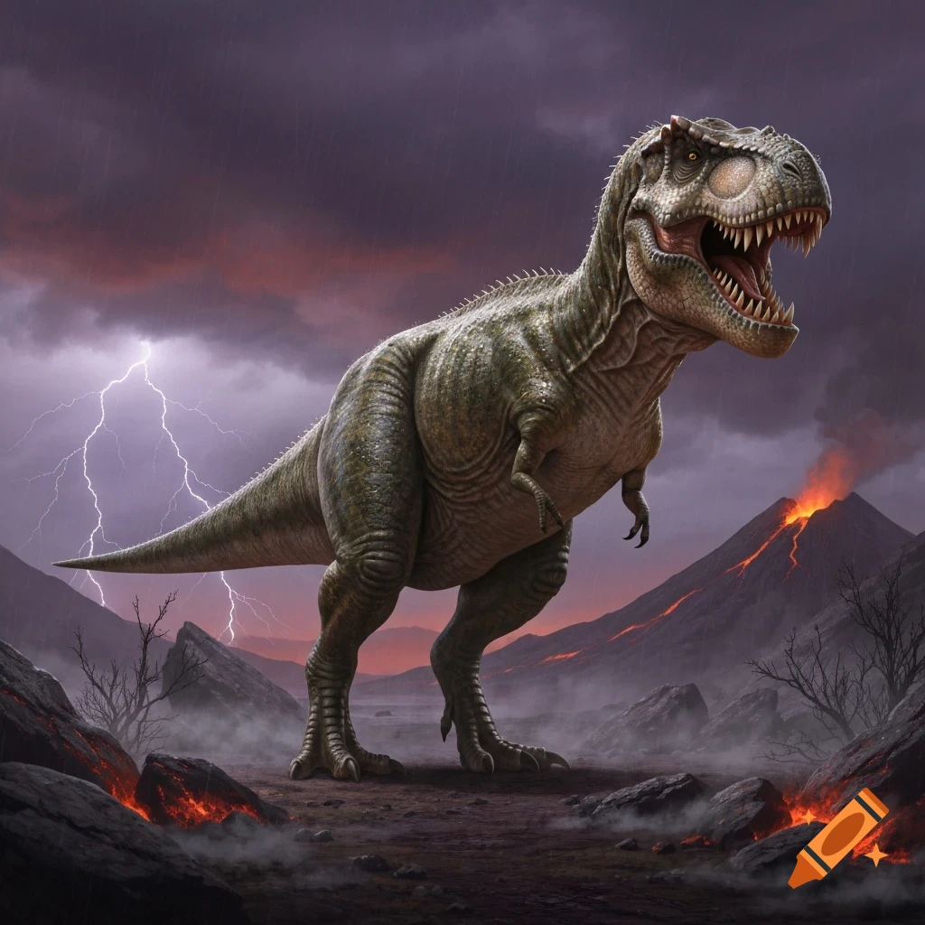 A majestic Tyrannosaurus Rex roars in a dramatic, stormy volcanic landscape, illuminated by lightning and flowing lava.