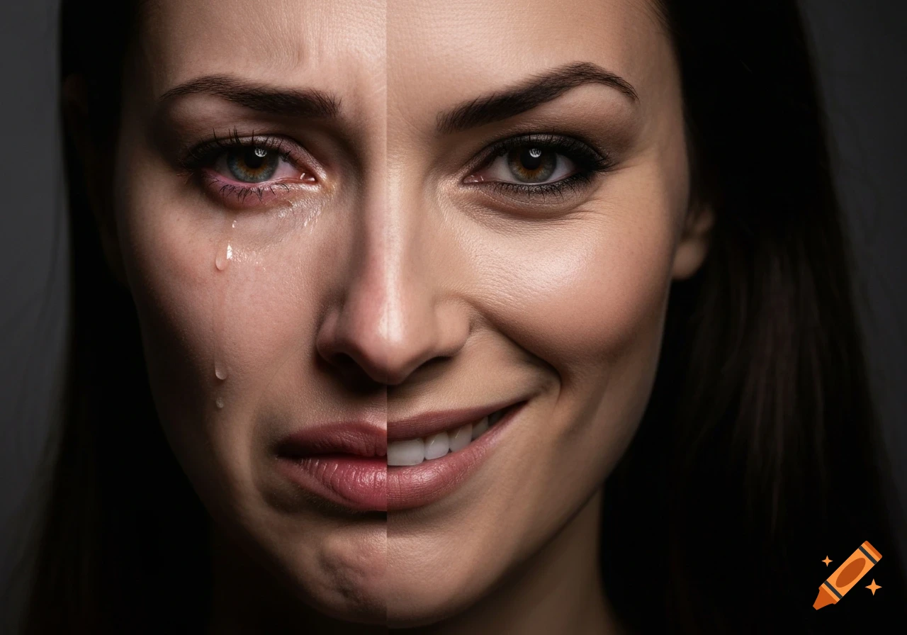 Close-up of a woman's face, split down the middle. The left half is crying with tears, while the right half smiles.