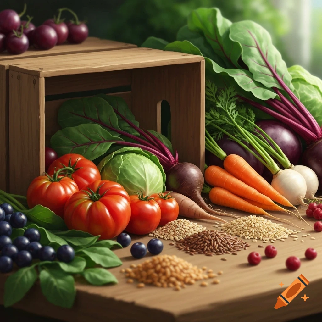 Fresh tomatoes, carrots, beets, cabbage, blueberries, and grains spilling from a wooden crate onto a rustic wooden table.