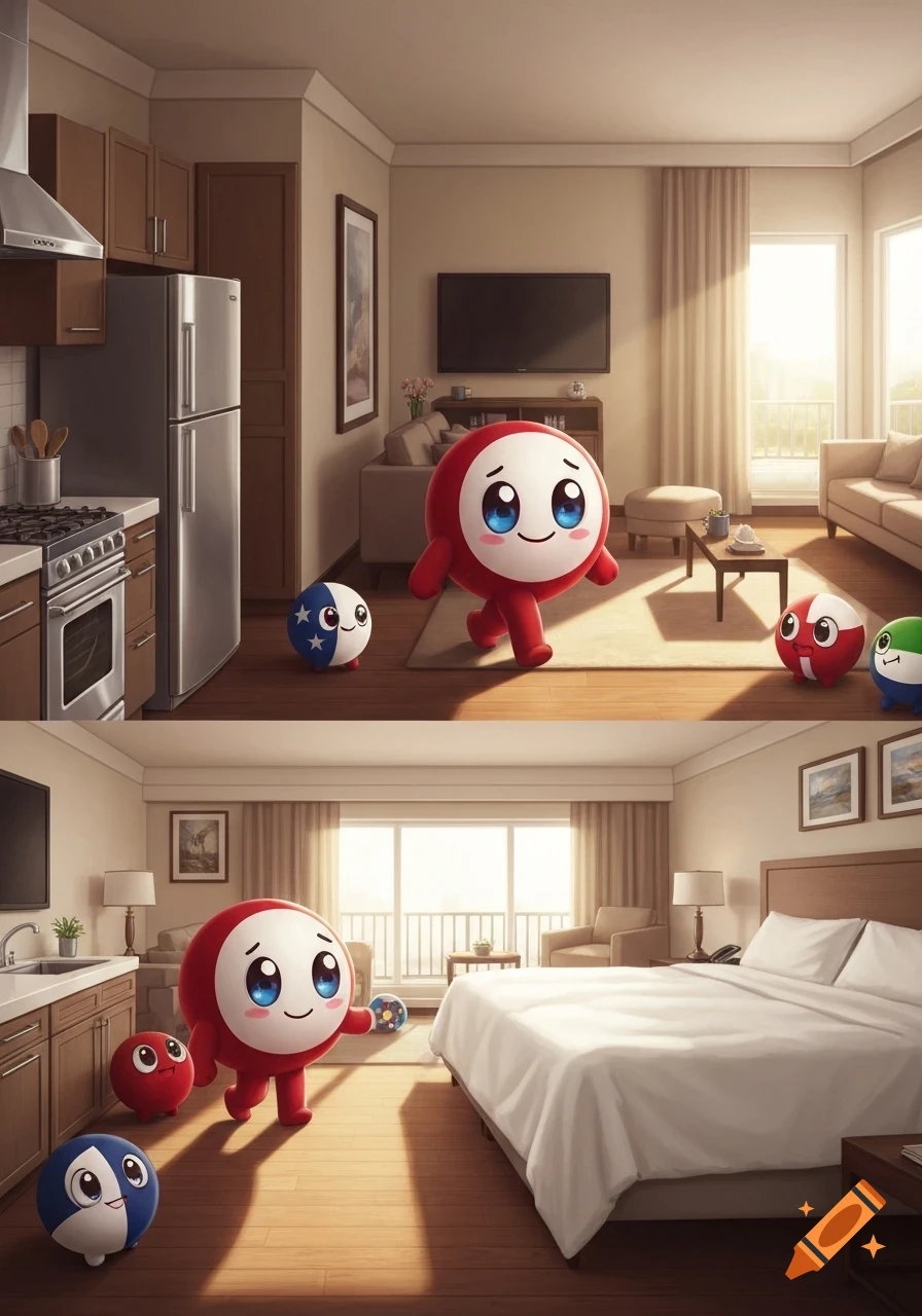 A red Countryball character with large blue eyes walks through a brightly lit hotel room, divided into a kitchen/living room and a bedroom, with smaller Countryball characters around.