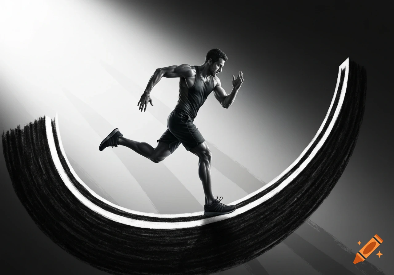 A muscular man in a tank top and shorts runs across an abstract, rising black and white curve on a monochromatic background.