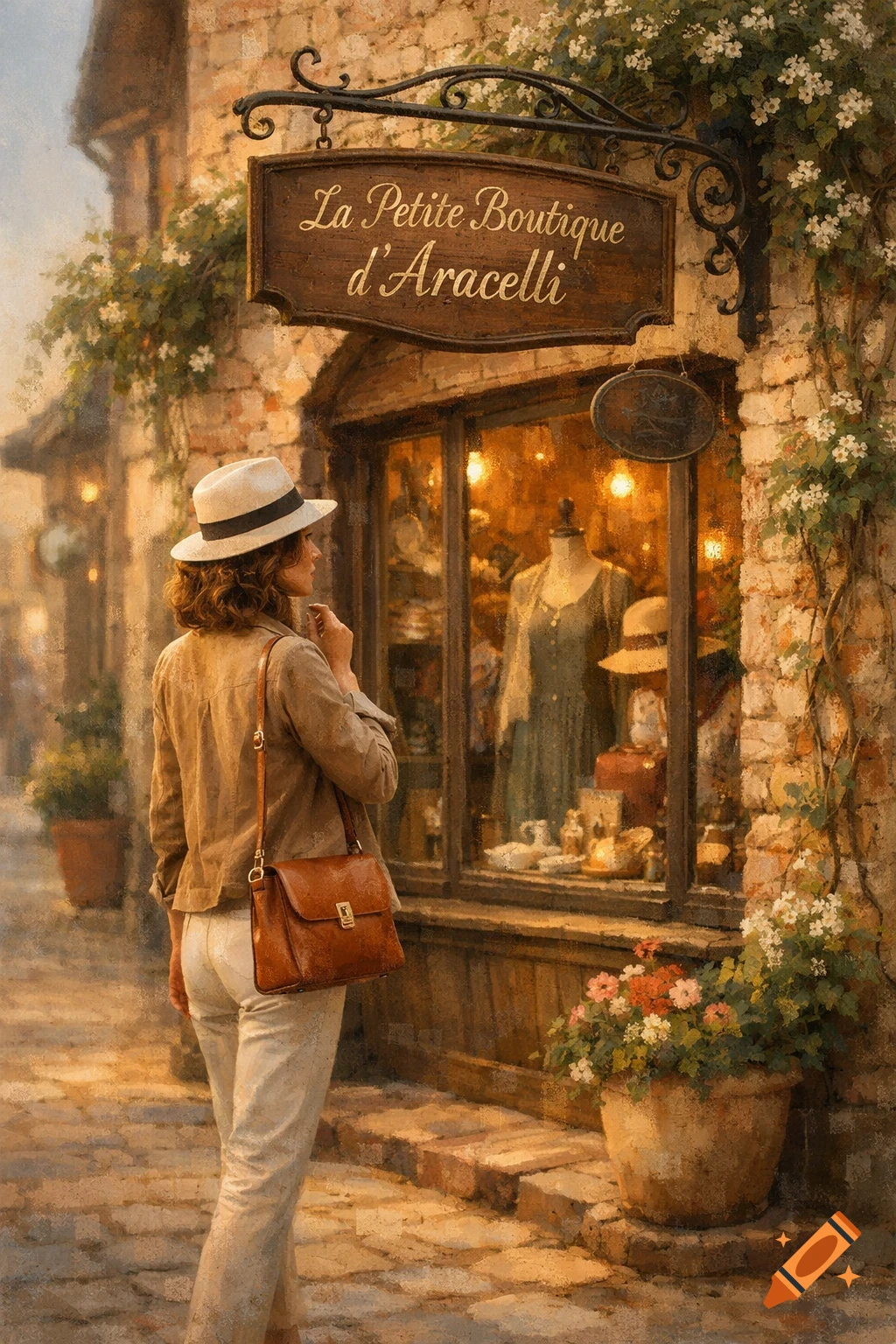 A woman in a hat and brown bag looks into a shop window labeled 'La Petite Boutique d'Aracelli' on a cobblestone street, in a painterly style.