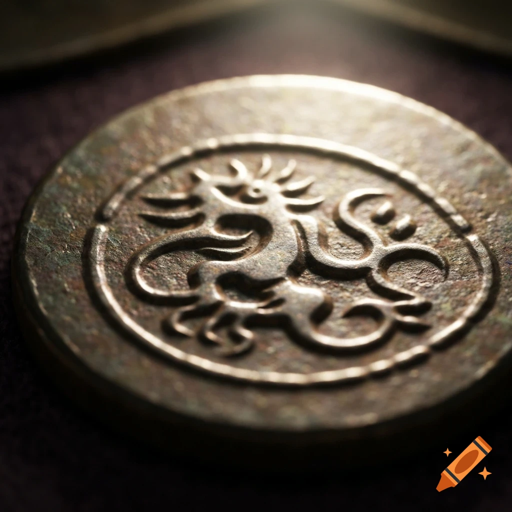 Close-up of an aged, bronze coin featuring an embossed stylized dragon-like creature with a spiky mane.