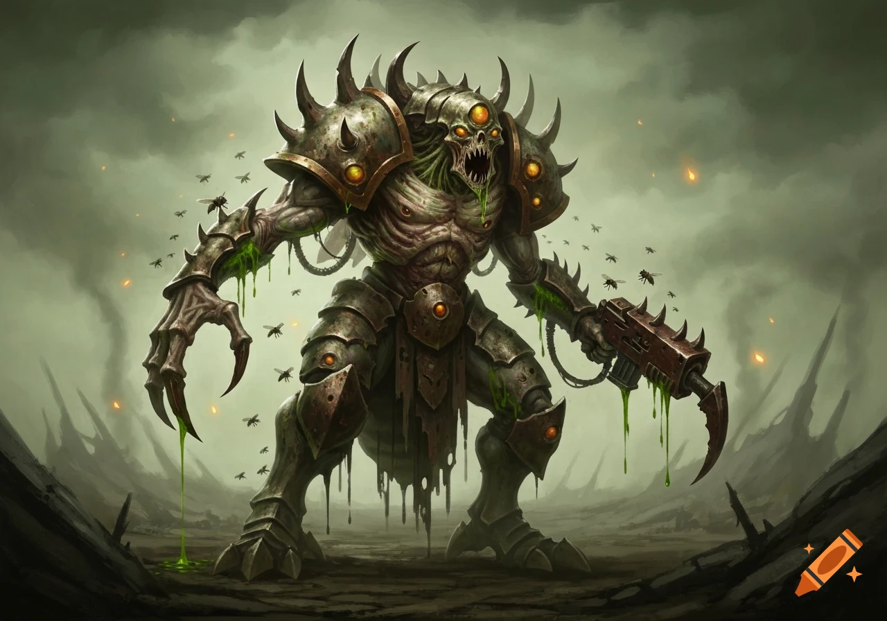 A grotesque, armored fantasy monster with multiple glowing eyes, sharp claws, dripping green slime, and flies buzzing around it, standing in a desolate, misty landscape.