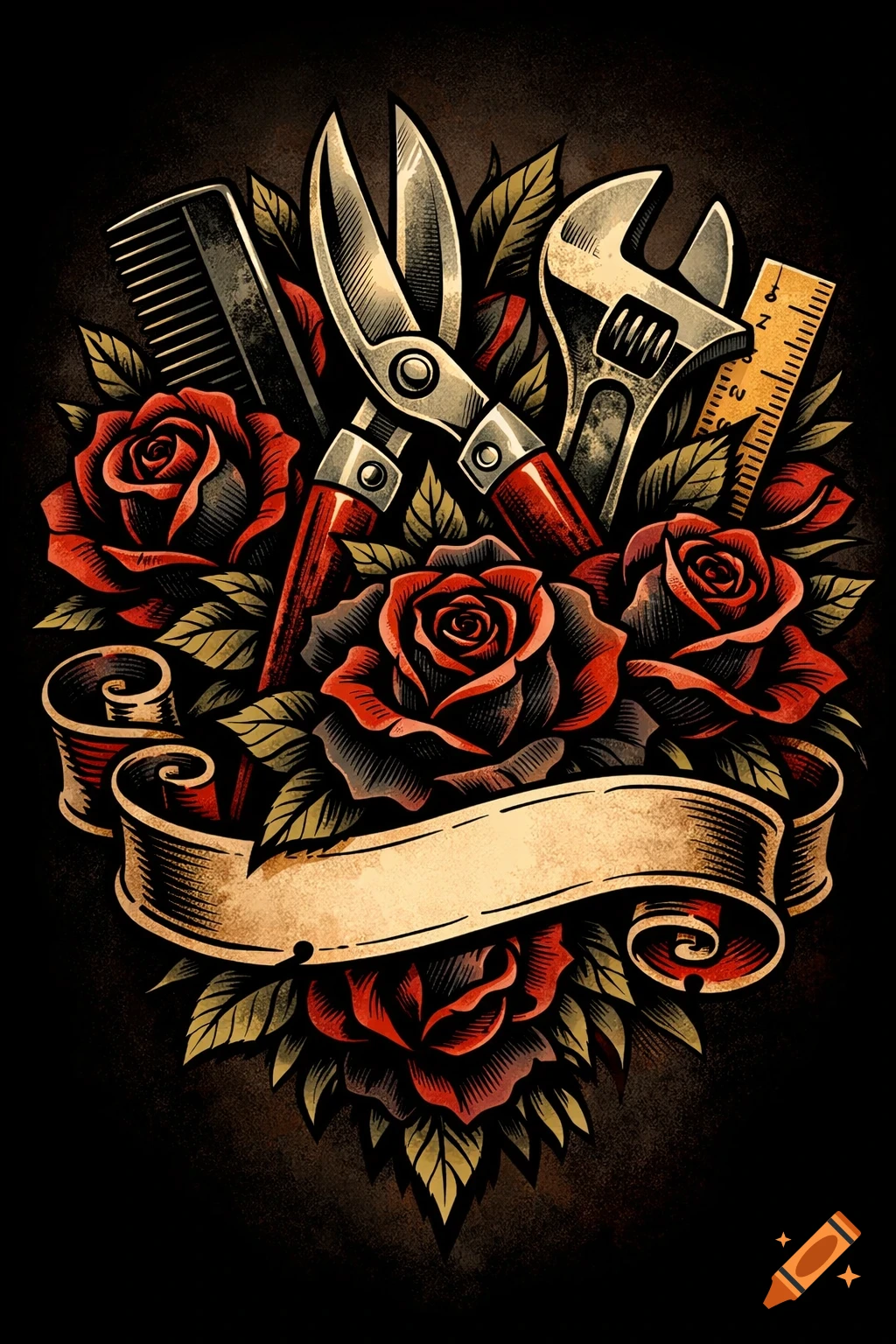 Traditional tattoo art of shears, a comb, a wrench, and a ruler in a bouquet of red roses with a blank banner.