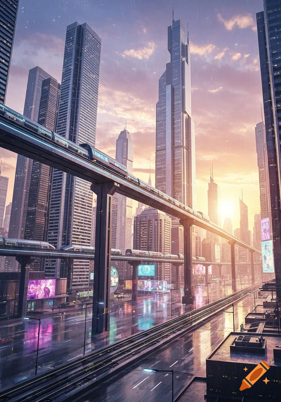 A vibrant, futuristic cityscape at sunrise, with elevated trains and tall skyscrapers, reflecting neon lights on wet streets.