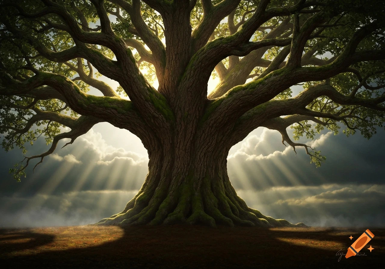 A majestic, ancient tree with sprawling branches and roots, illuminated by sun rays breaking through misty clouds in a dramatic, ethereal landscape.