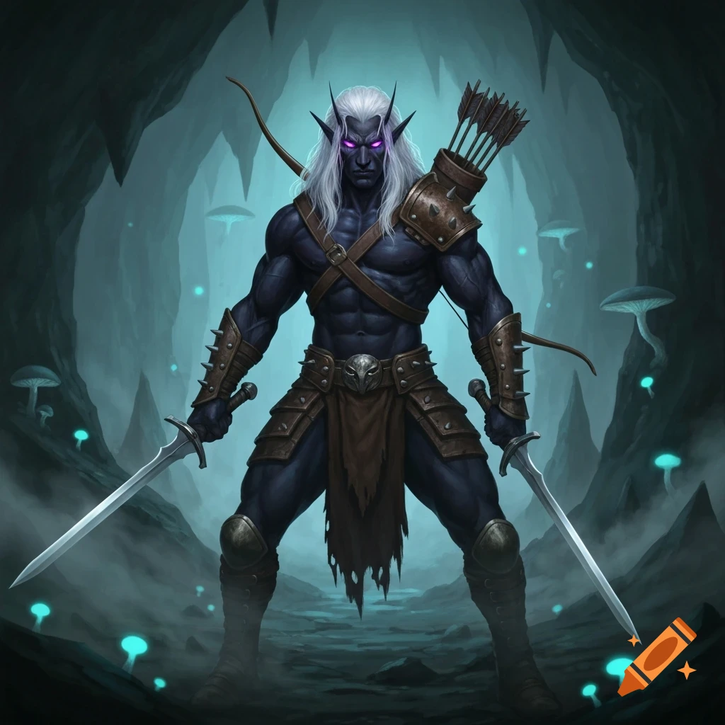 Muscular Drow elf with dark skin, white hair, glowing purple eyes in a dark cave, holding two swords with a bow on his back.