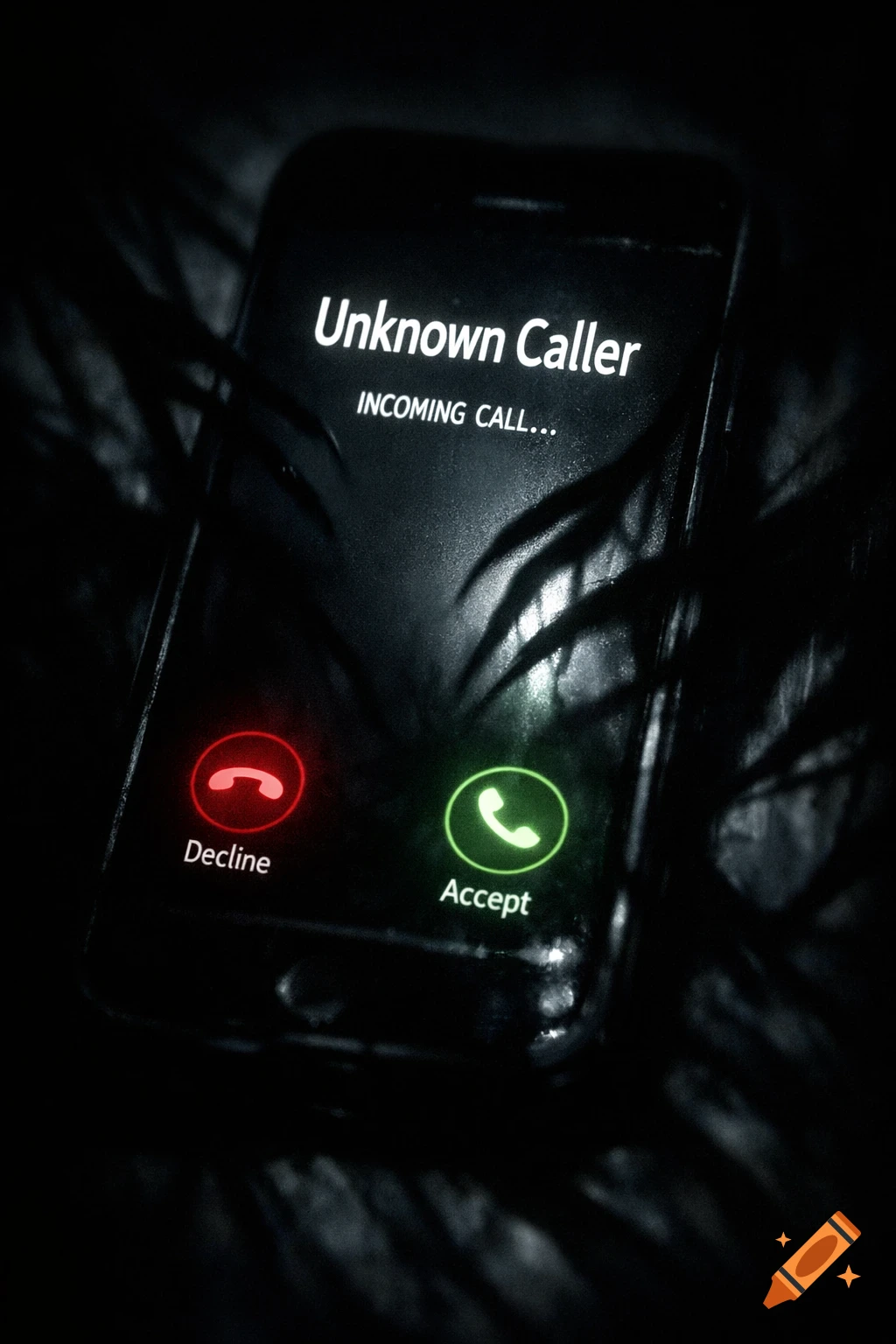 Close-up of a phone screen at night displaying an incoming call from 'Unknown Caller' with glowing red Decline and green Accept buttons.