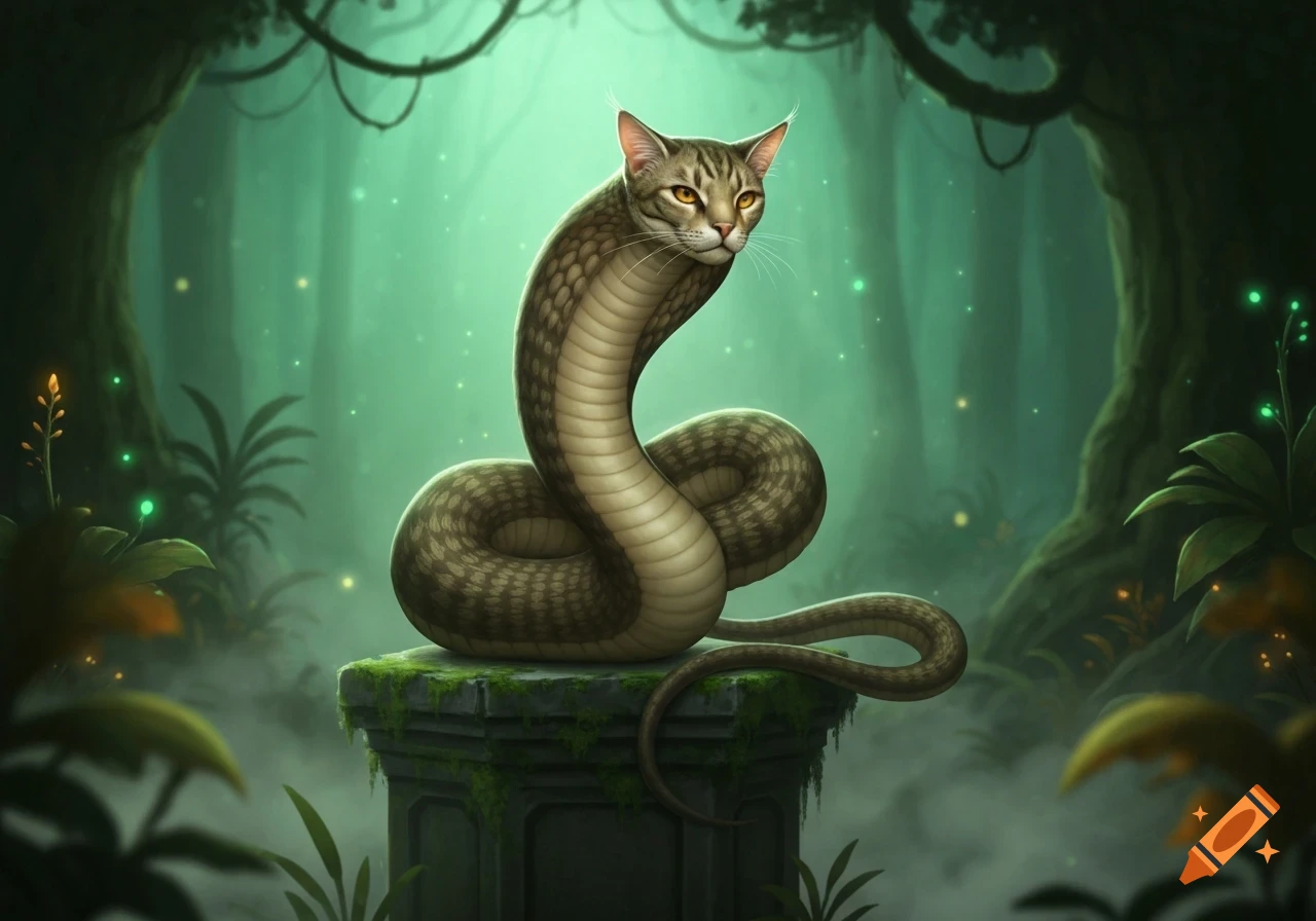 A fantasy illustration of a cat-headed cobra creature coiled on a mossy pedestal in a mystical jungle.