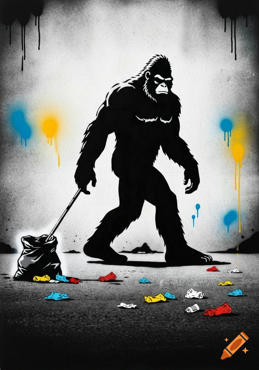 Bigfoot in a Banksy stencil style, picking up colorful garbage with a stick and bag on a textured gray wall with spray paint drips.