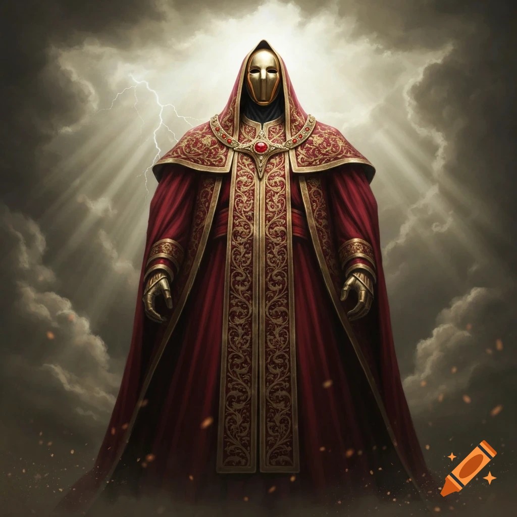 A mysterious figure in a detailed red and gold holy robe with a featureless golden mask stands under a dramatic, stormy sky with lightning and light rays.