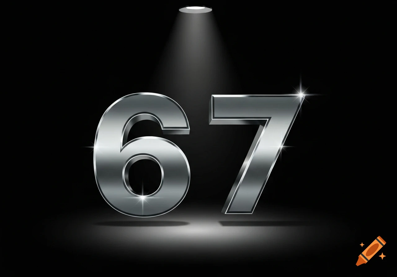 A shiny metallic 3D number 67 under a spotlight on a black background.