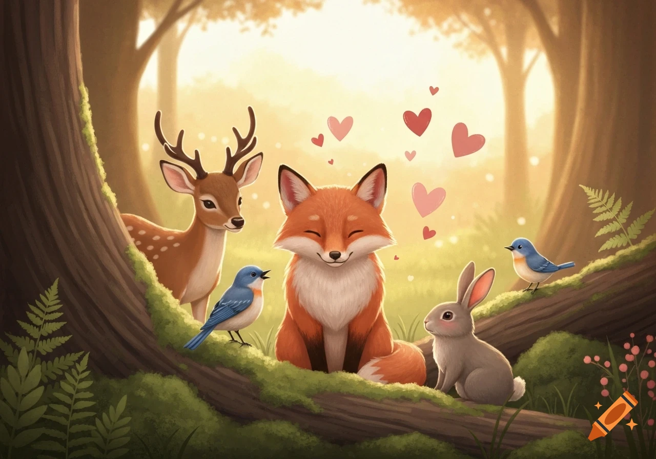 Cartoon forest animals, including a fox, deer, rabbit, and bluebirds, sitting on a mossy log with floating hearts in a sunny forest.