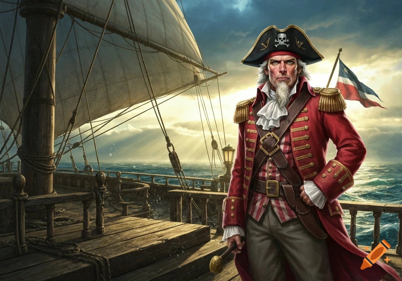 An illustrated Uncle Sam dressed as a pirate stands on a ship's deck, sails and rigging visible against a dramatic sky at sea.