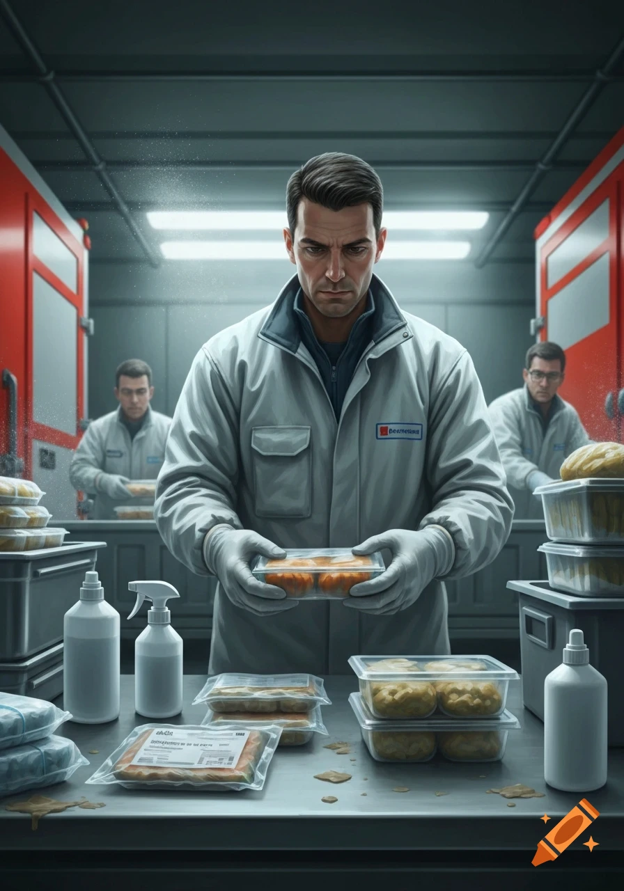 A man in a white lab coat and gloves inspects packaged food in a sterile processing facility with other workers in the background, focusing on food hygiene.