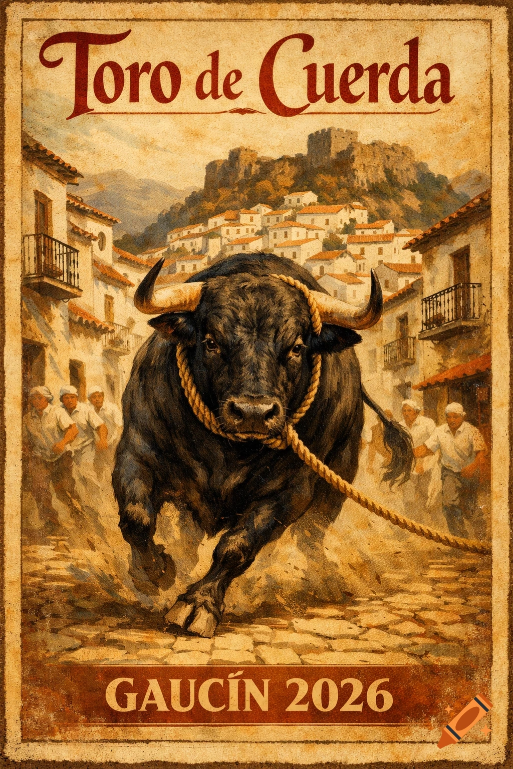 Vintage Spanish poster for 'Toro de Cuerda' festival, depicting a powerful black bull with a rope running through a village street.