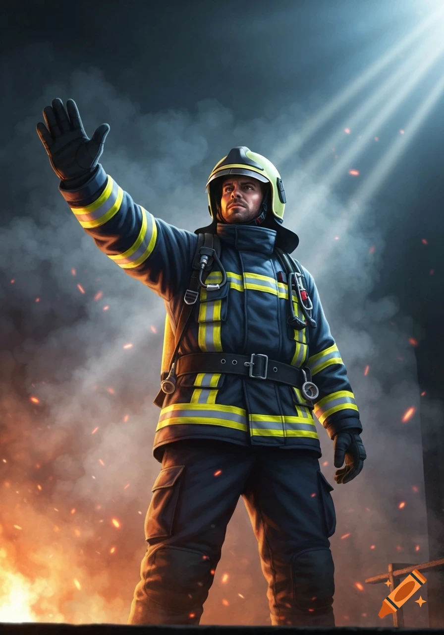 A firefighter in a dark blue uniform with yellow stripes and a light green helmet stands with a raised arm amidst smoke and fire.