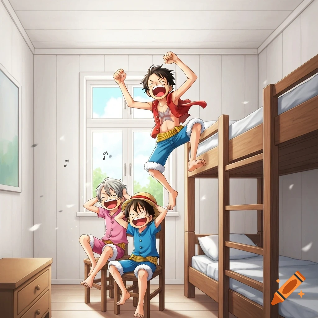 Anime-style illustration of three young boys playing in a room with a bunk bed. One jumps, two sit covering ears as musical notes float.