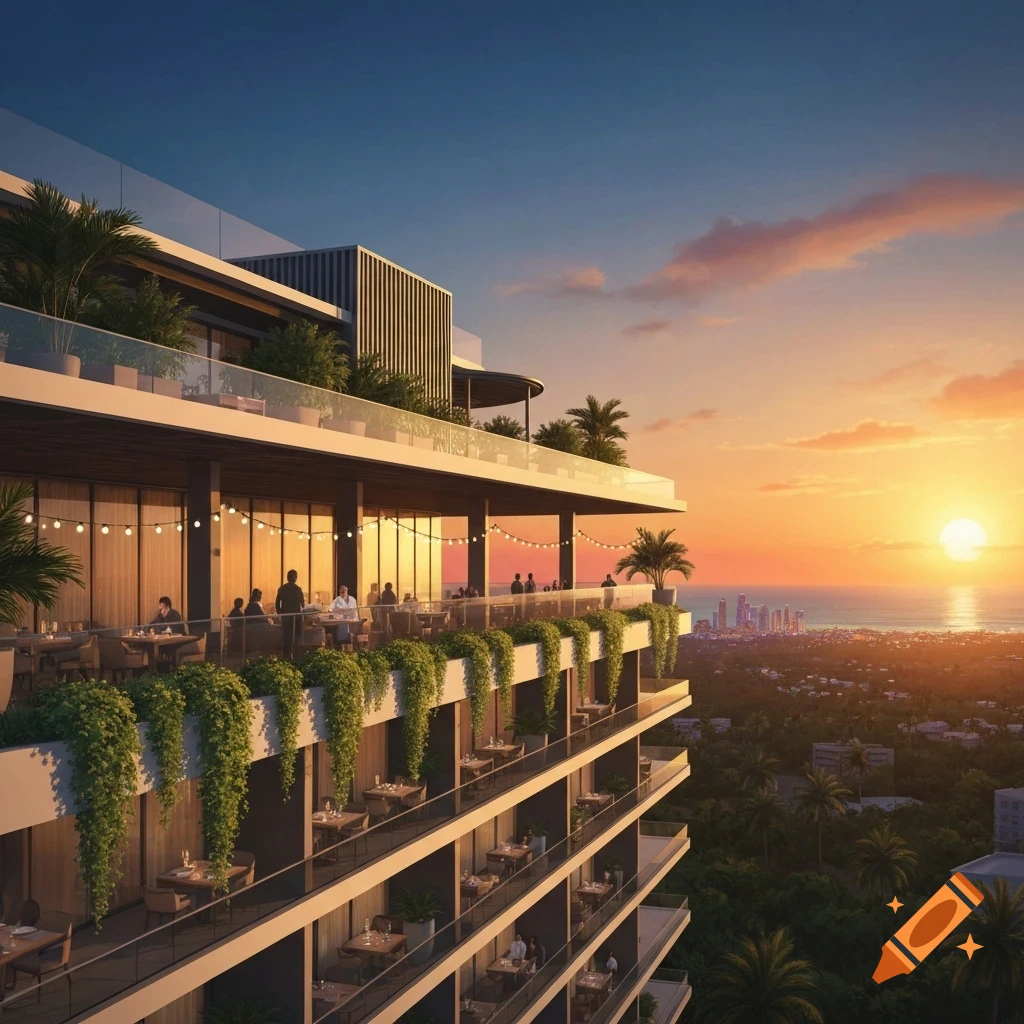 Modern rooftop restaurant with diners overlooking a city and ocean at sunset, lush greenery on balconies.