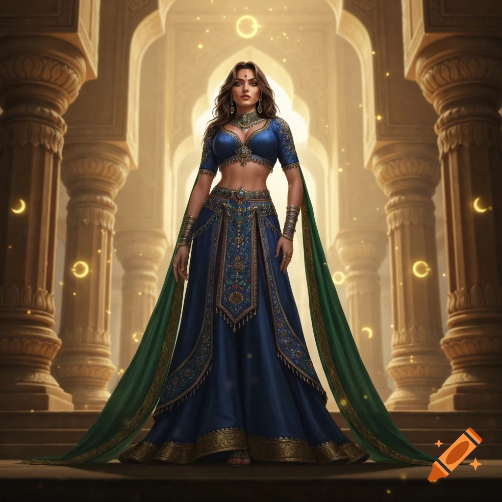 A woman in an ornate blue and gold traditional outfit and green drape stands in a grand arched hall, digital art.