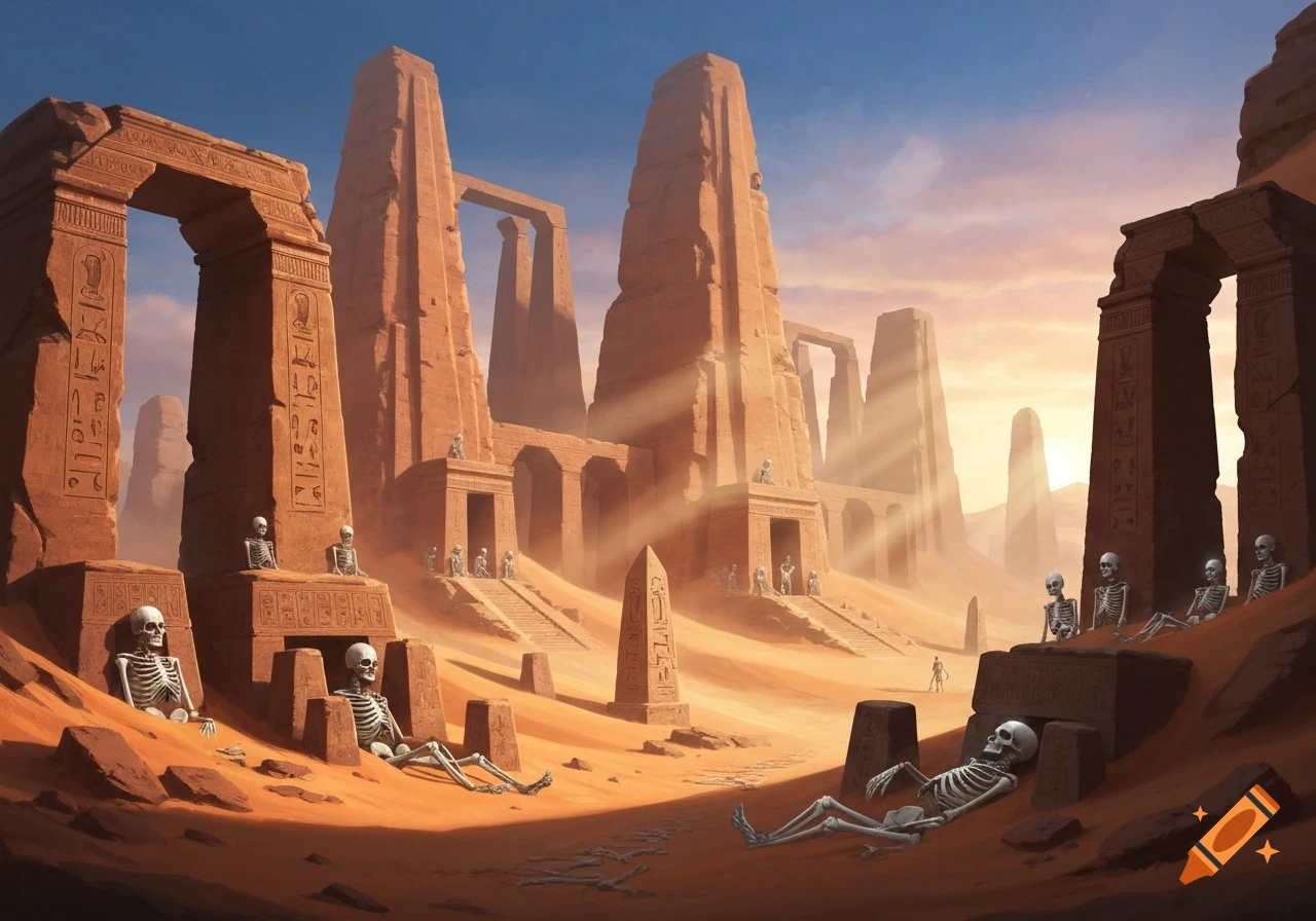 A wide shot of ancient desert ruins with large arches and obelisks under a sunset sky, numerous human skeletons scattered.