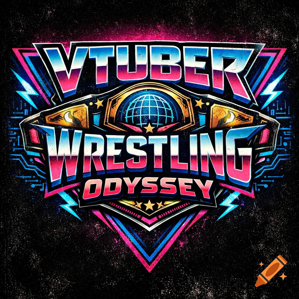 A vibrant 90s retro-futuristic logo for 'VTUBER WRESTLING ODYSSEY' featuring a championship belt with a globe and neon lightning bolts on a dark, speckled background.