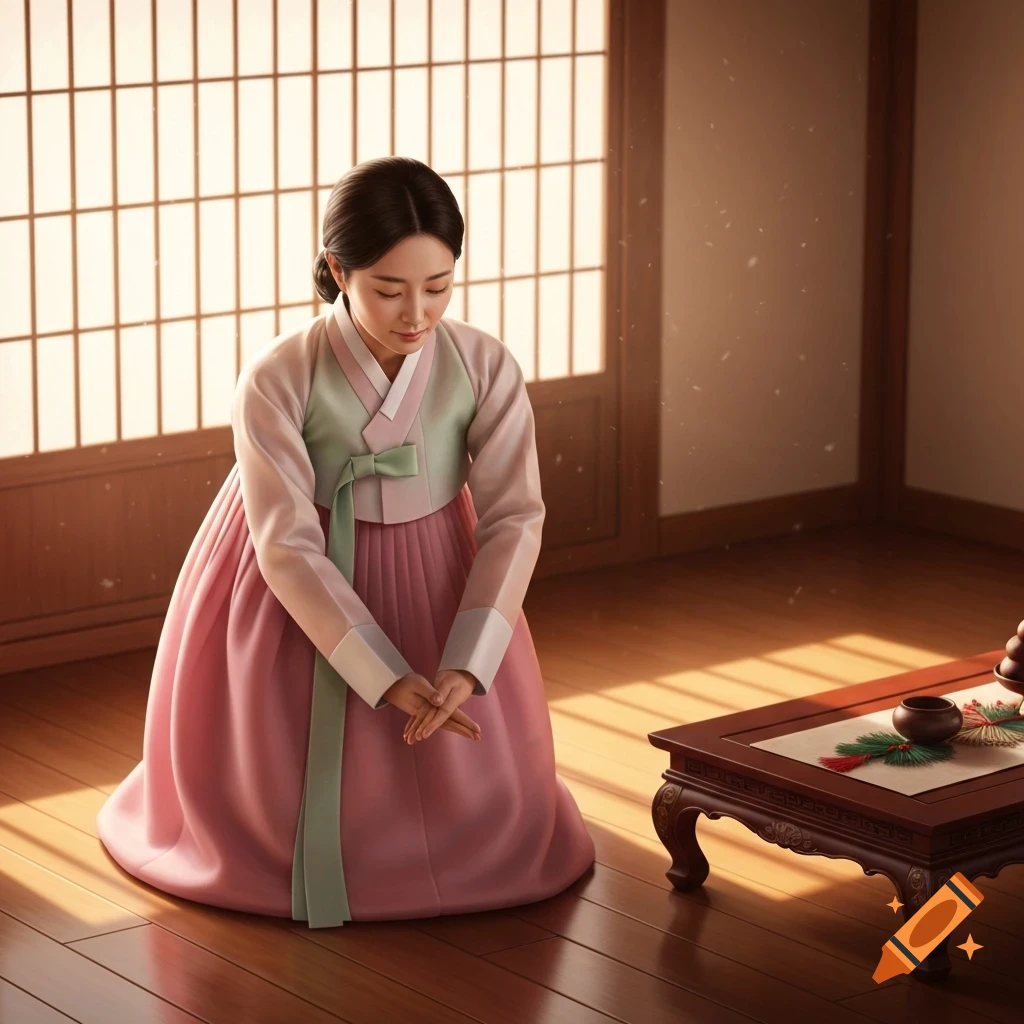 A Korean woman in a pink and green hanbok kneels on a wooden floor, bowing respectfully in a sunlit traditional room.