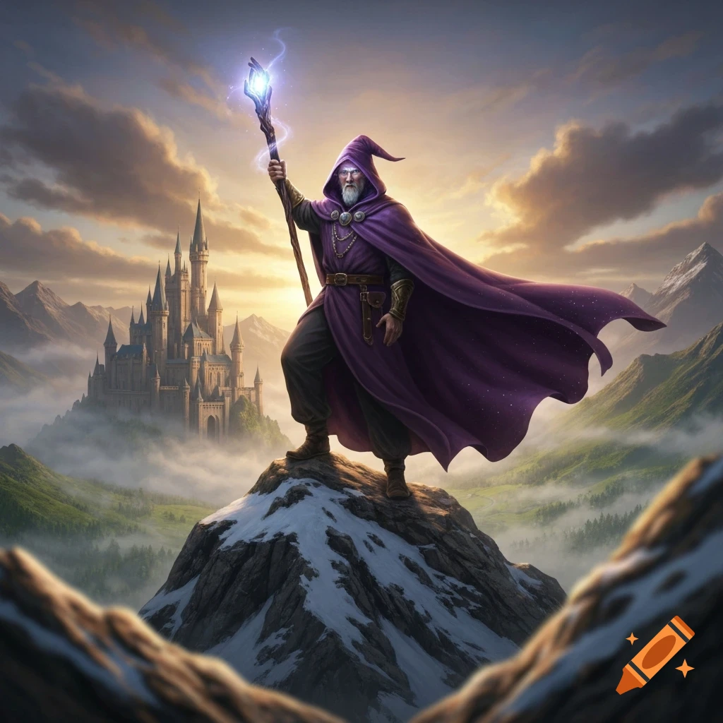 A wizard in a purple cloak stands on a snowy mountain peak, holding a glowing staff, overlooking a fantasy castle and misty mountains.