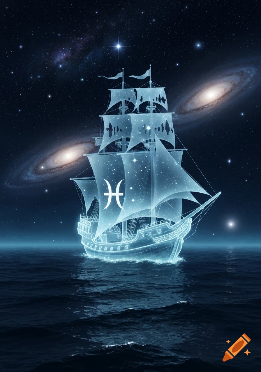 Ethereal ghost ship with the Pisces symbol on its sail, navigating dark waters under a starry night sky with two galaxies.