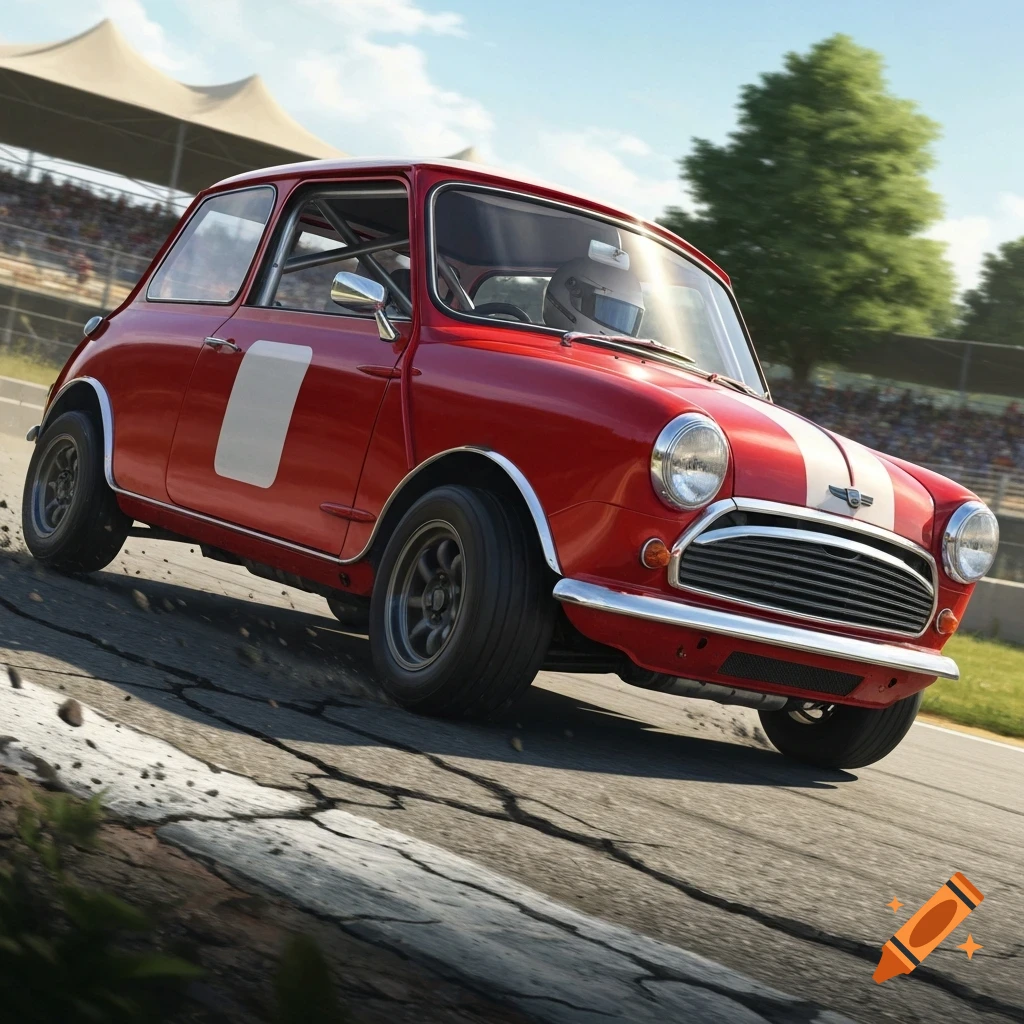 A red classic Mini Cooper race car with white stripes and a white number panel rounds a corner, its inside rear wheel slightly airborne, on a sunny racetrack.