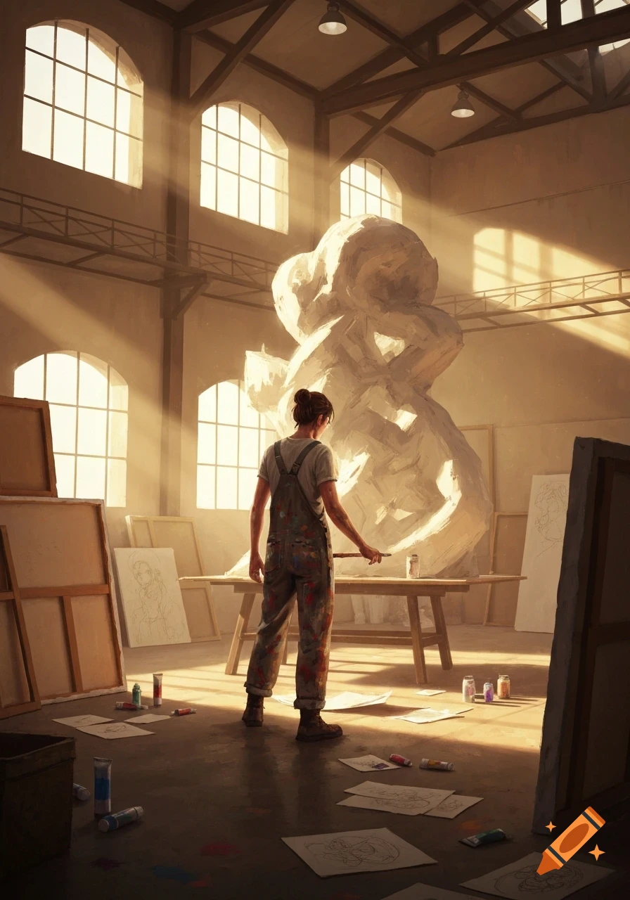 An artist in paint-splattered overalls stands in a sunlit studio, working on a large, abstract sculpture.
