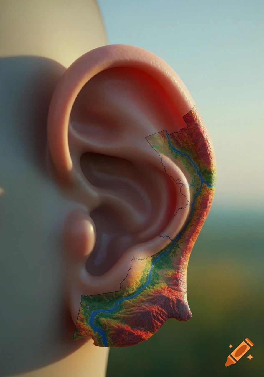 A close-up of a human ear with its outer part textured like a colorful topographic map, complete with mountains and a winding river, resembling the shape of Vermont.
