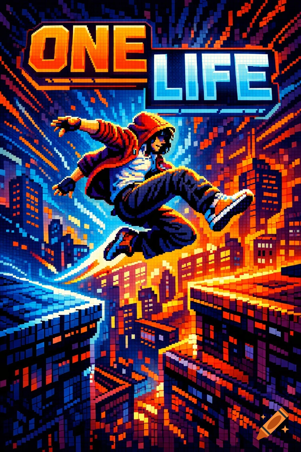 Pixel art game poster for 'One Life' featuring a person in a red hoodie doing parkour over a vibrant, stylized city skyline.