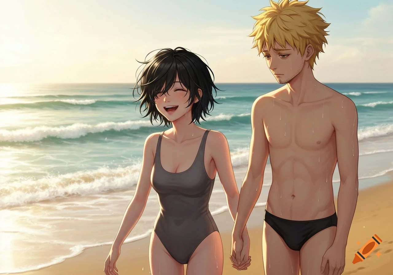 An anime couple walks hand-in-hand on a sunny beach. The woman smiles with her eyes closed, while the man looks down sadly.