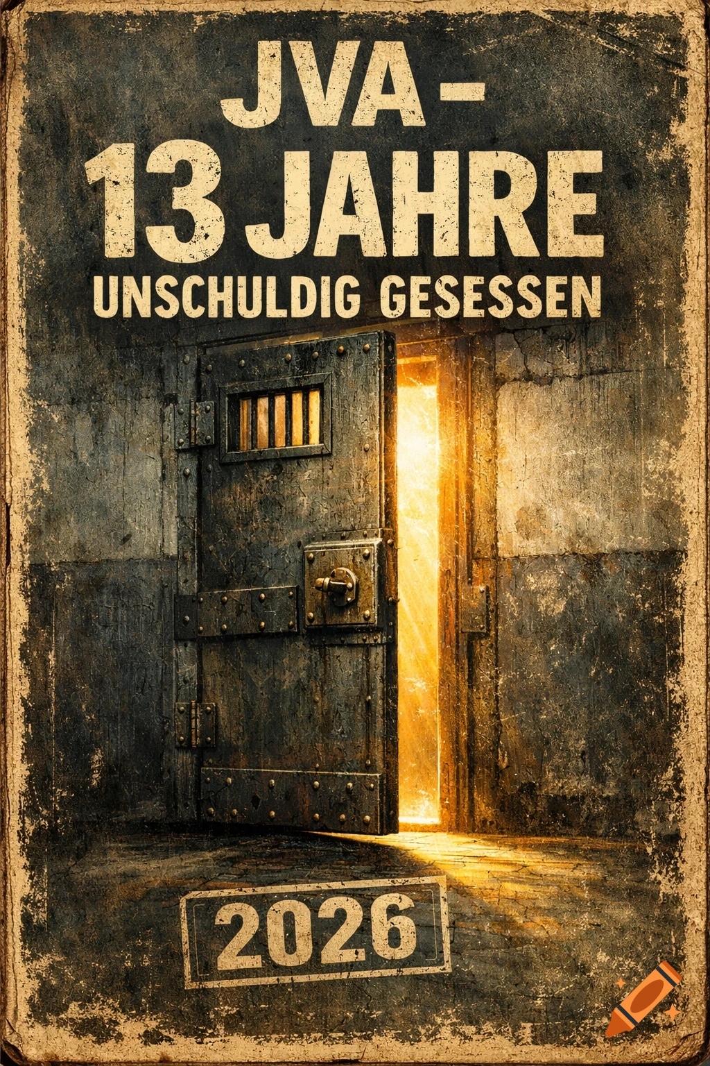 Grungy poster of an open prison cell door with bright light, featuring text 'JVA - 13 JAHRE UNSCHULDIG GESESSEN' and '2026'.