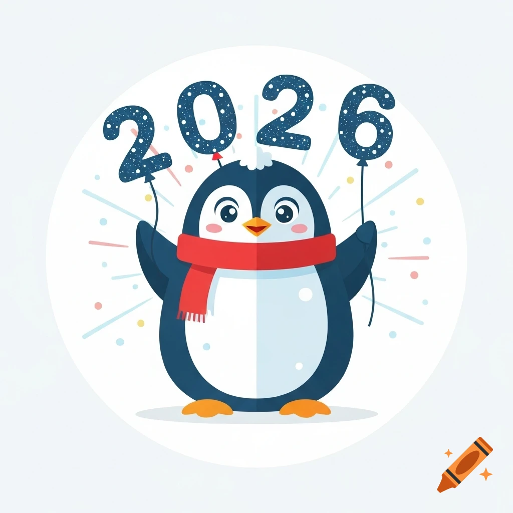 Cute cartoon penguin wearing a red scarf, holding '2026' balloons, celebrating New Year.