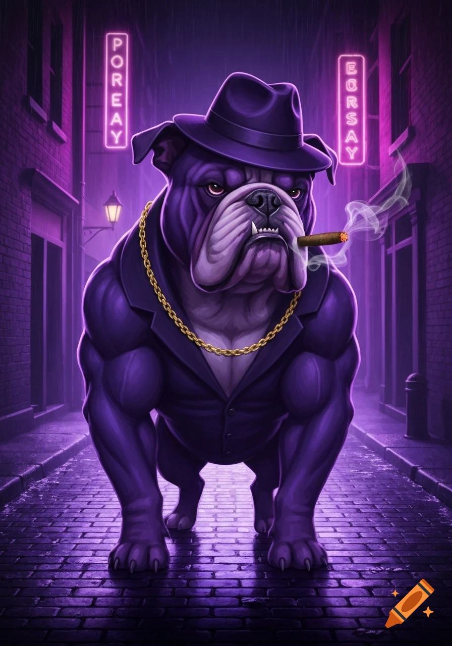 Purple bulldog in a fedora, suit, and gold chain smoking a cigar on a neon-lit urban street.