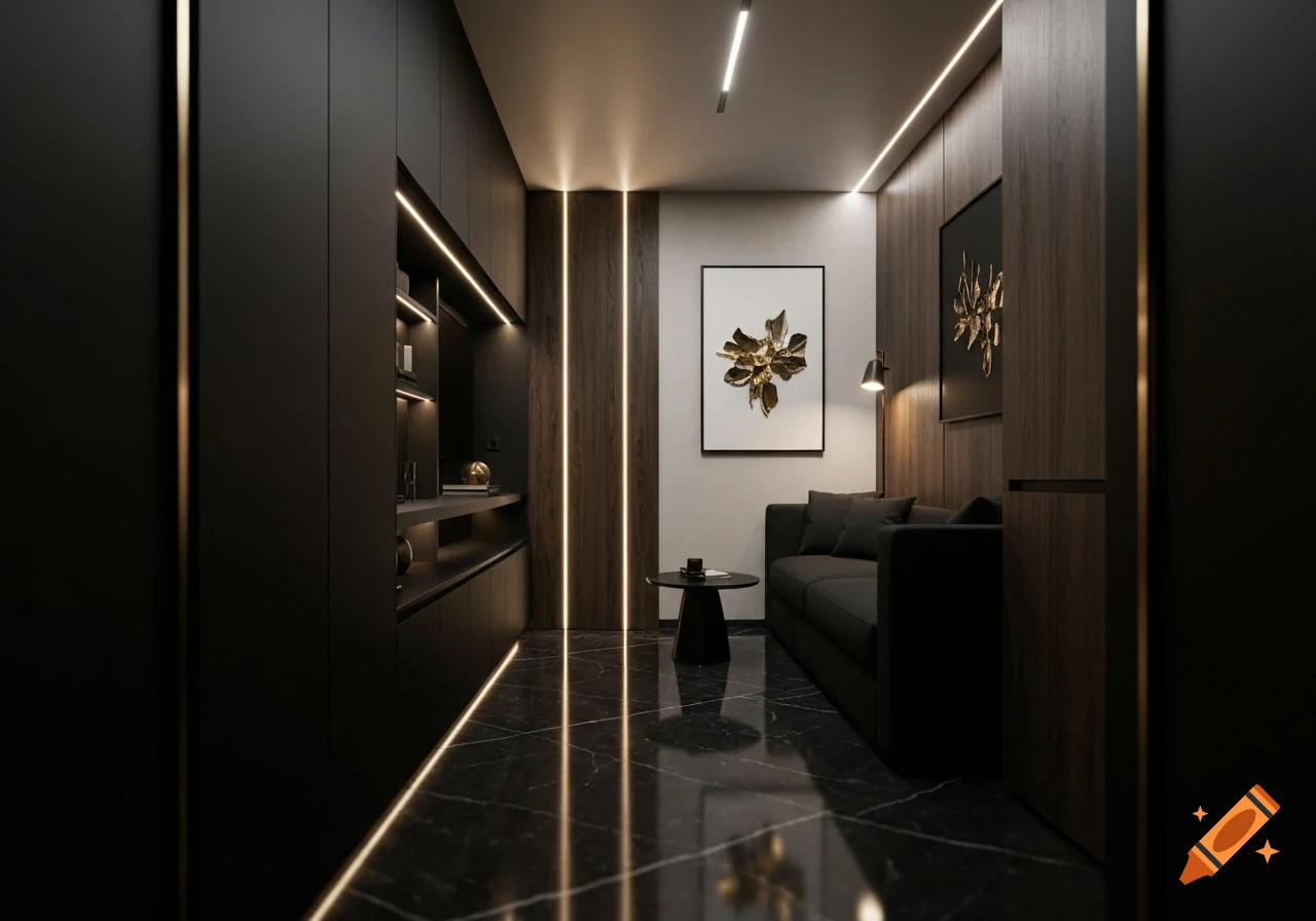 A luxurious, modern room with dark wood paneling, black marble floors, black furniture, and accent strip lighting.