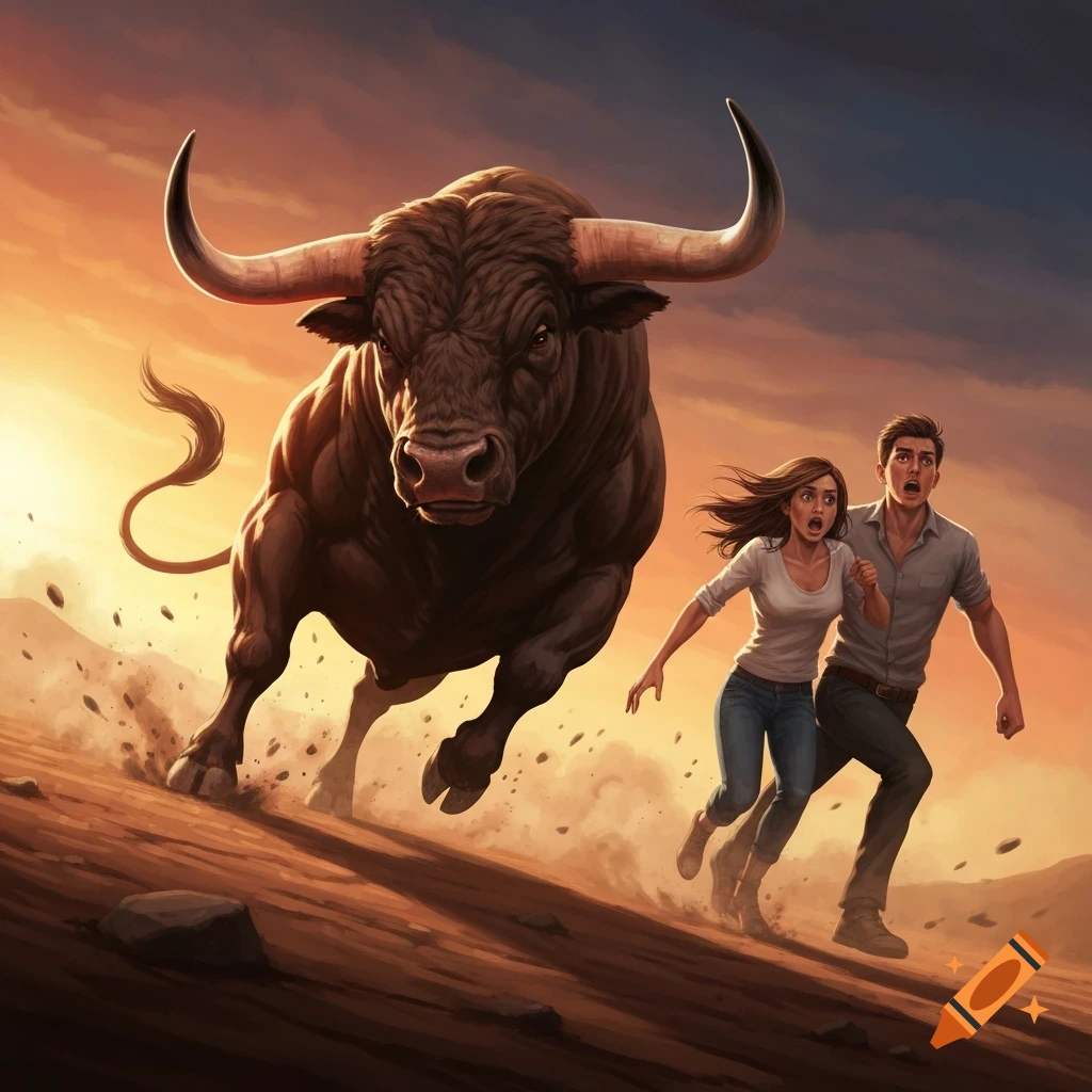 A powerful brown bull with large horns charges behind a terrified man and woman running across a dusty landscape at sunset.