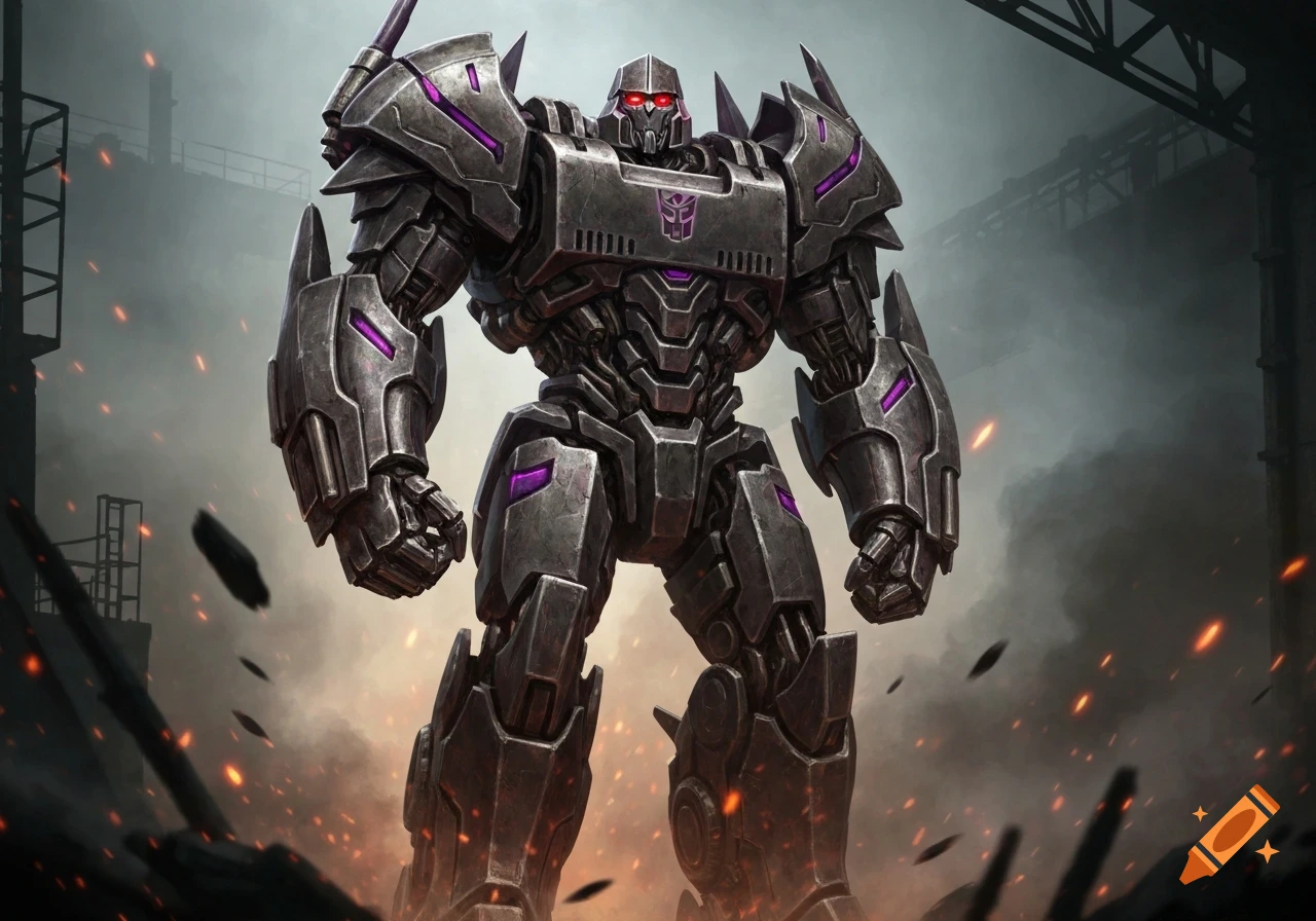 A dark grey, heavily armored robot with red eyes and purple accents, bearing the Decepticon logo, stands in a ruined industrial setting.