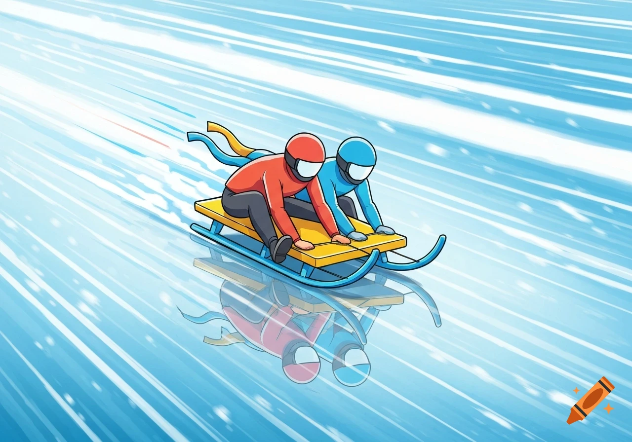 Colorful stylized illustration of two people in helmets speeding down an ice track on a bobsled.