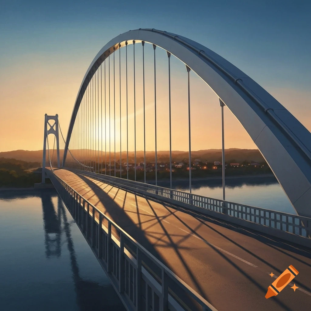A grand arched bridge spans across a body of water at sunset, with distant hills and a town silhouetted.