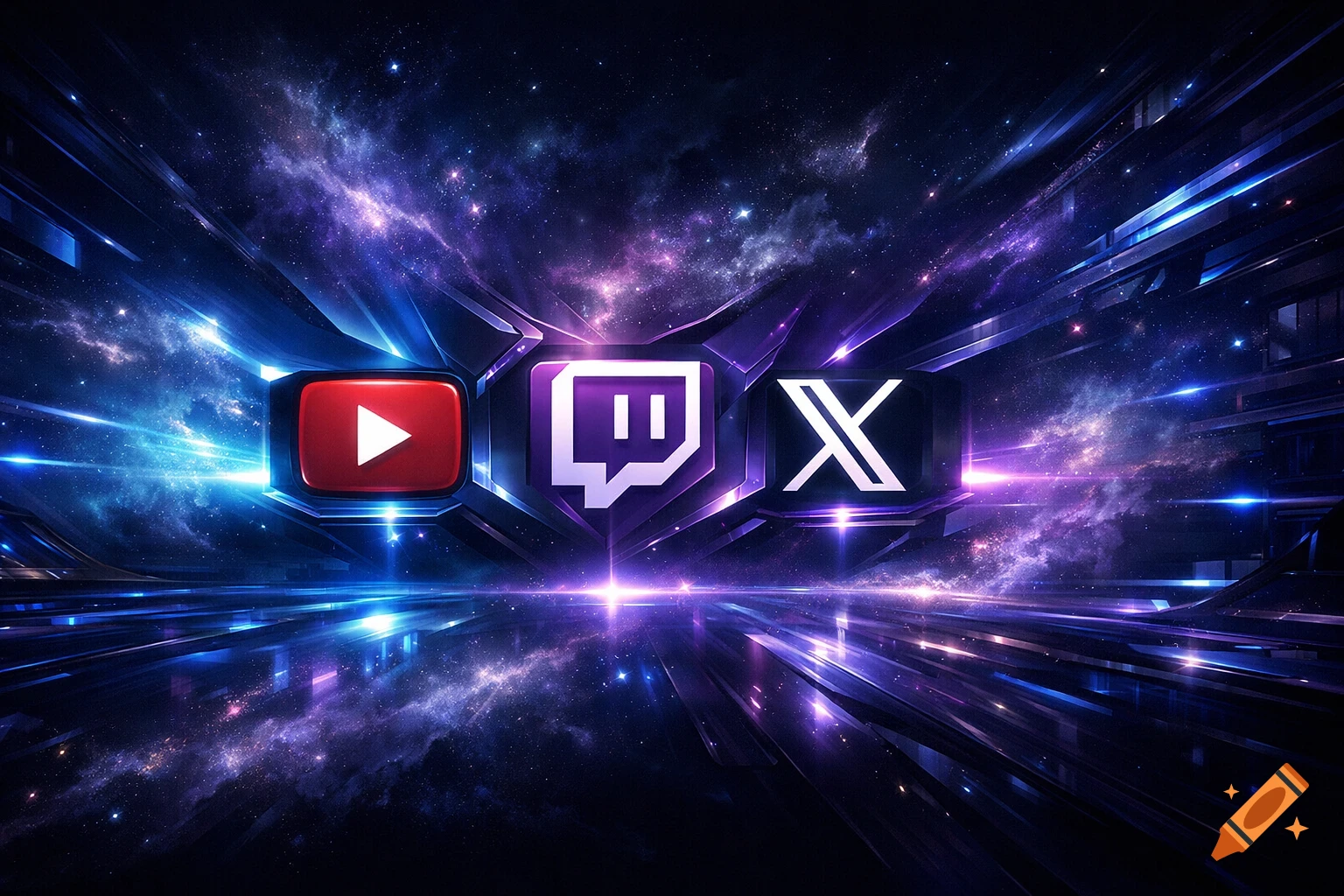 Futuristic blue and purple galaxy background with 3D logos for YouTube, Twitch, and X centered.