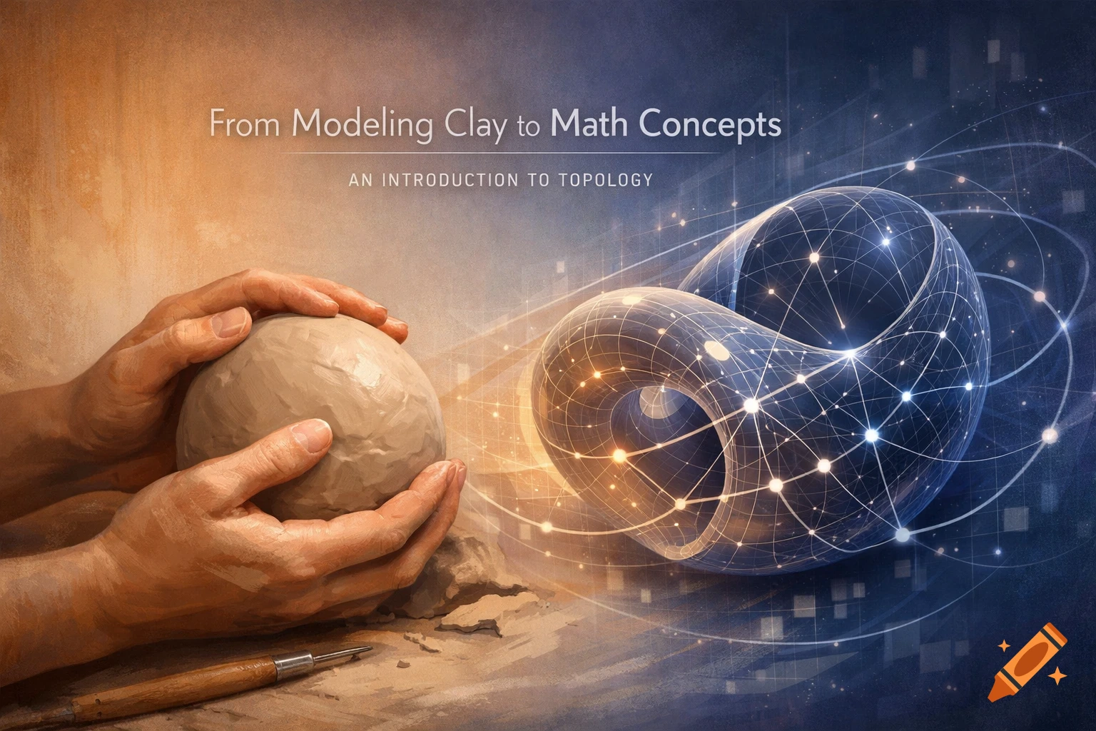 Hands molding clay next to a glowing blue wireframe torus, with the title "From Modeling Clay to Math Concepts - An Introduction to Topology".