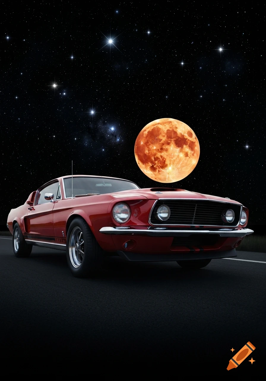 A red 1968 Ford Mustang Shelby GT500 on a dark road under a starry night sky with a large, orange full moon.