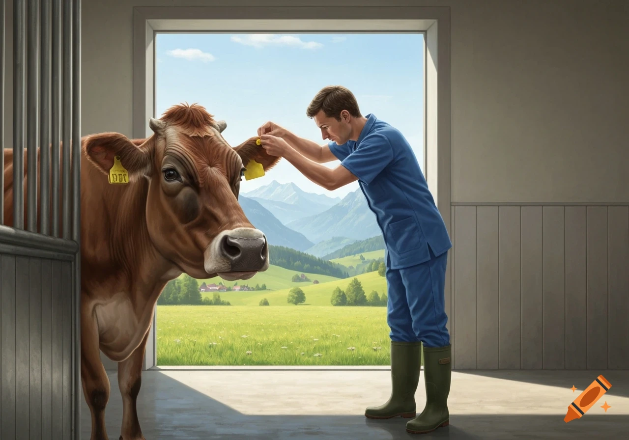 A veterinarian in blue scrubs and green boots tags a brown Jersey cow's ear inside a barn, with a scenic Swiss-style mountain landscape visible through a large opening.